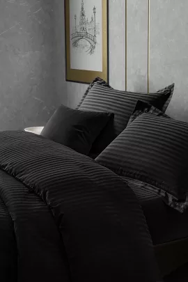 Постельное белье сатин страйп с простыней на резинке - Черный
