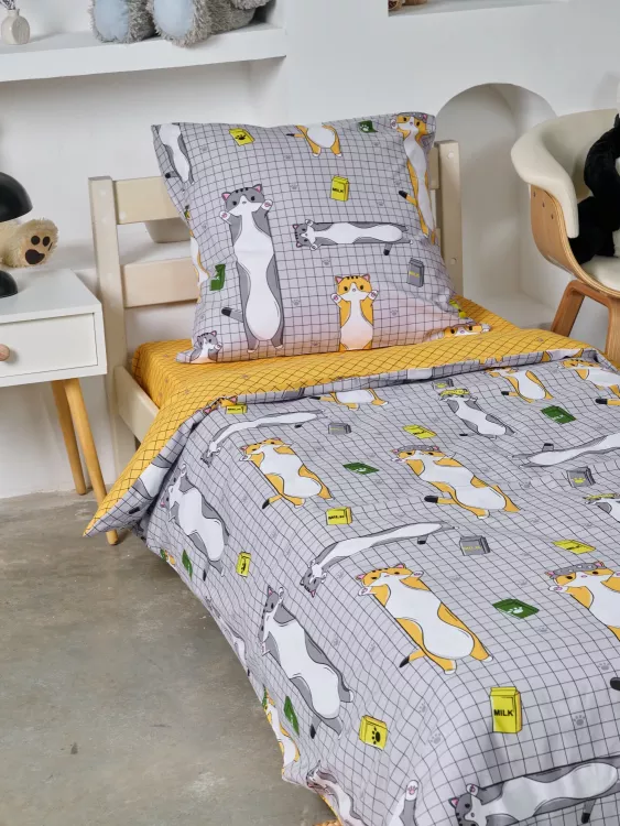 Постельное белье детское поплин без молнии с 1 наволочкой - Кот-батон